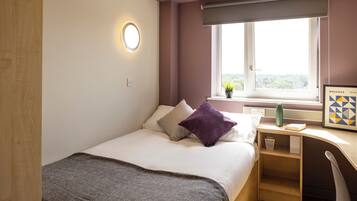 A bedroom with a bed, a desk, a window with a view, and a wall-mounted light.