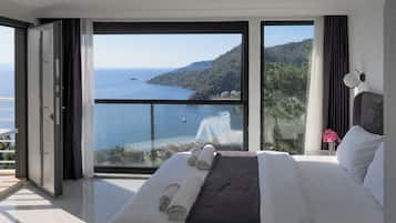 Habitación panorámica, frente al mar | Ropa de cama de alta calidad y tabla de planchar con plancha