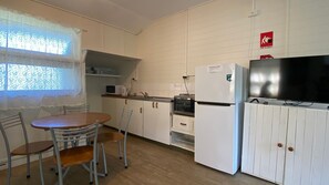 Fridge, microwave, toaster, cookware/dishes/utensils
