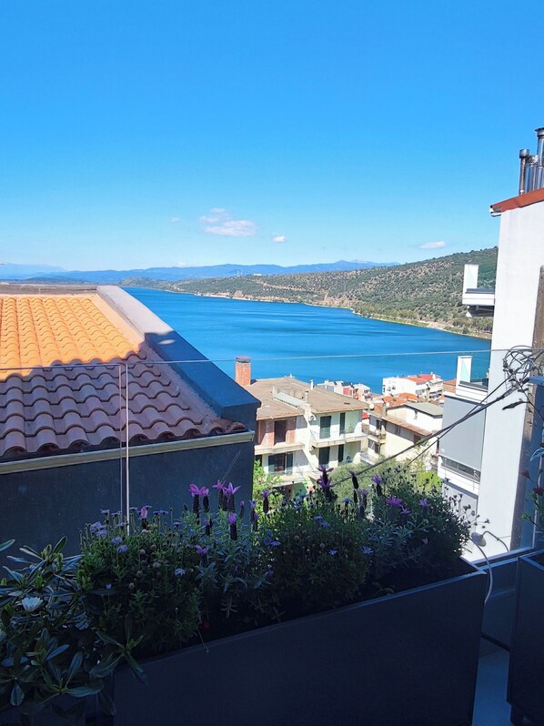 A balcony with a view of a coastal town and the sea.