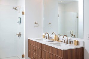 Shower, hair dryer, shampoo