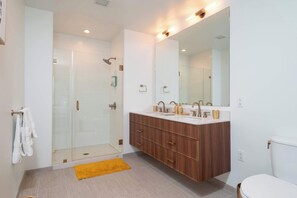 Shower, hair dryer, shampoo
