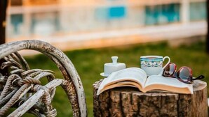 Eine rustikale Szene im Freien mit einem Holzstuhl, einem Buch, einem Teekessel, einer Tasse und einem Brillenpaar auf einem Baumstumpf.