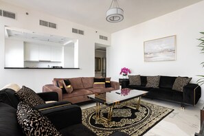 Premium Apartment, 2 Bedrooms, Canal View | Living area | 45-inch Smart TV with digital channels - SIMPLY COMFORT Luxury 2Br Apt with Stunning Views Amna Tower (Dubai)
