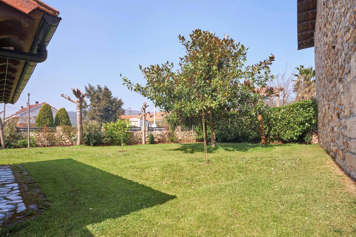 Un césped bien cuidado con un muro de piedra y un árbol.
