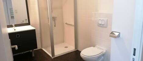 Un baño con ducha, inodoro y lavabo.