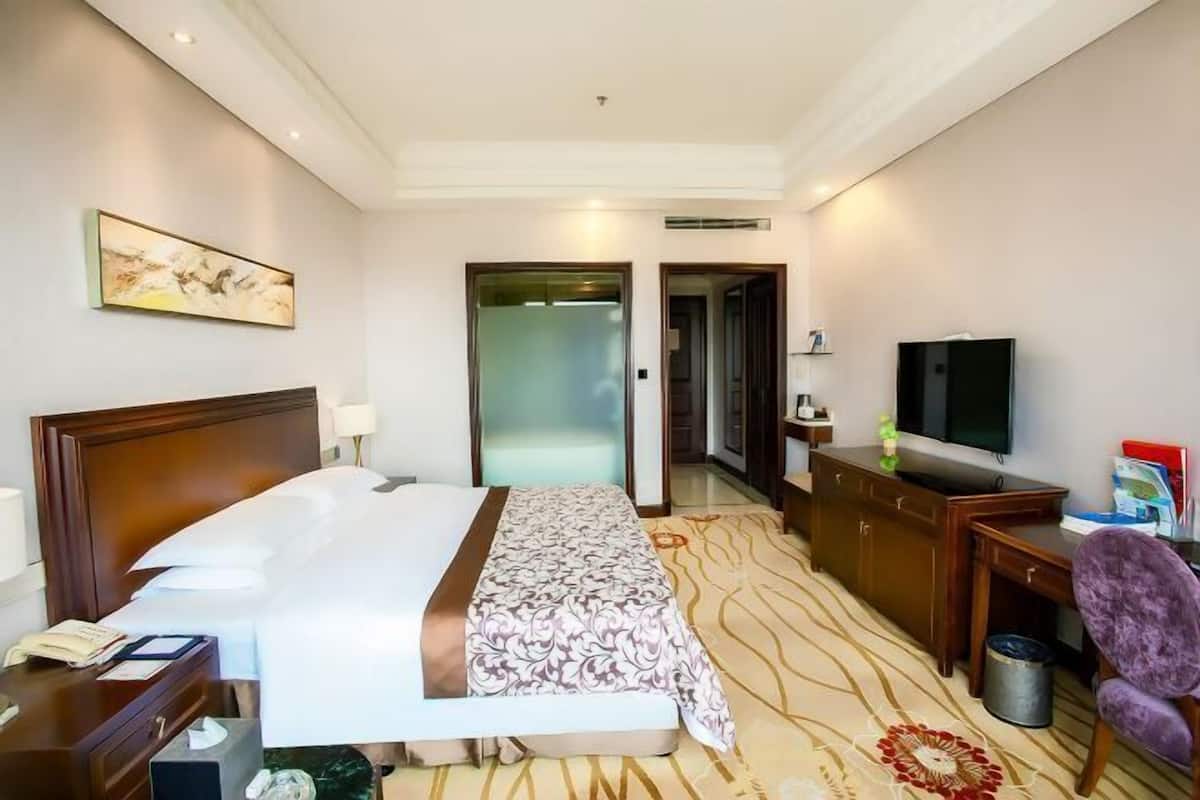 A hotel room with a bed, a desk, a chair, a television, and a bathroom door.