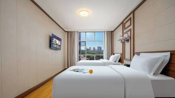Quarto de hotel com cama, janela vista da cidade, televisão na parede e luz no teto.