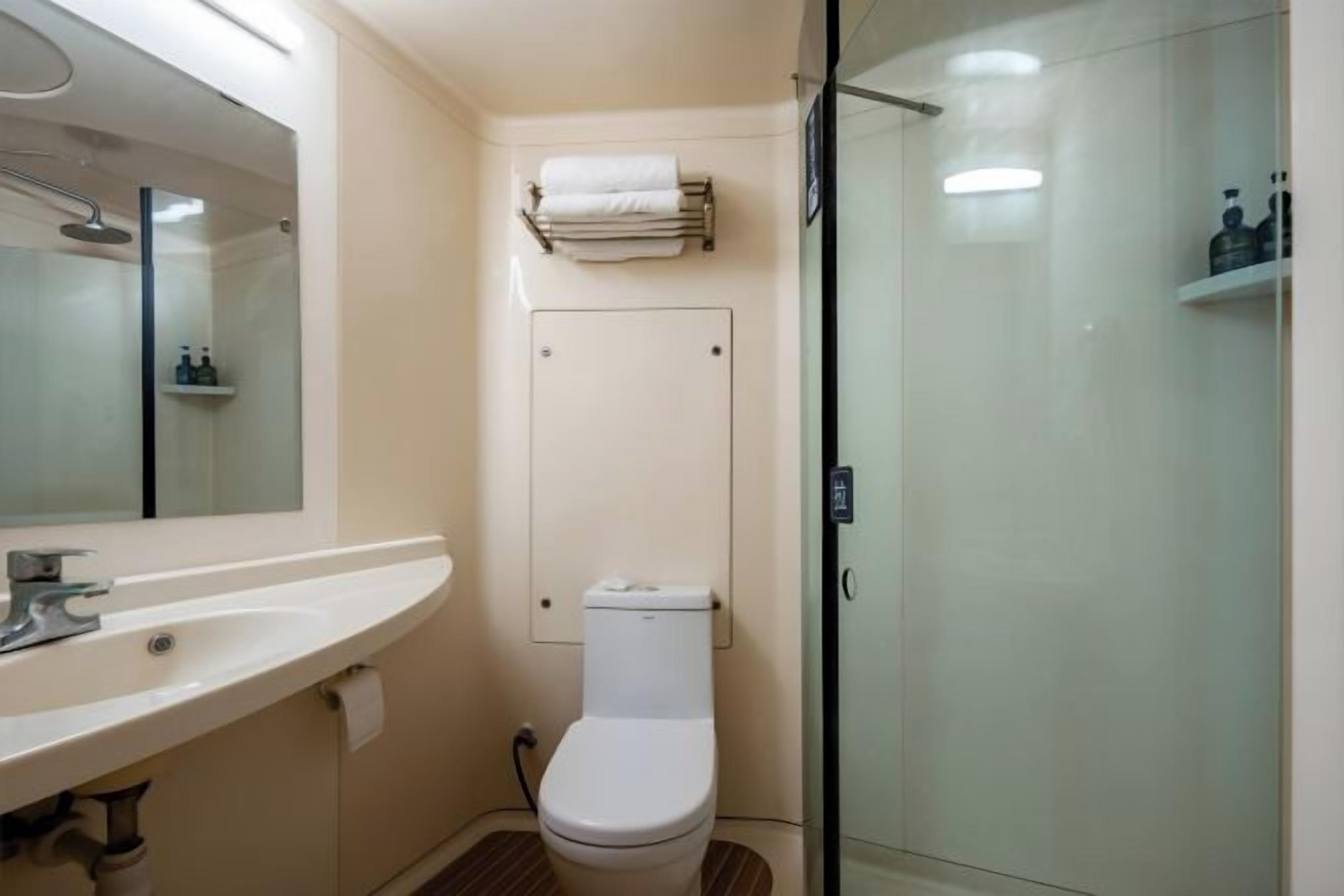 A compact bathroom with a sink, toilet, and glass shower enclosure.