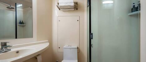 A compact bathroom with a sink, toilet, and glass shower enclosure.