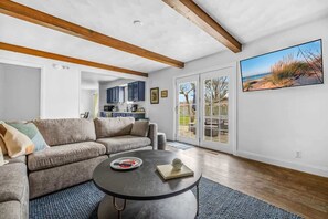 Smart TV, fireplace, foosball