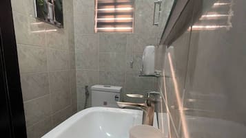 Shower, bidet, towels, soap