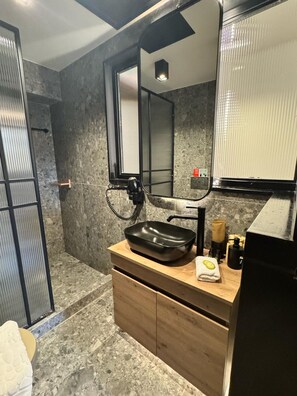 Shower, hair dryer, towels