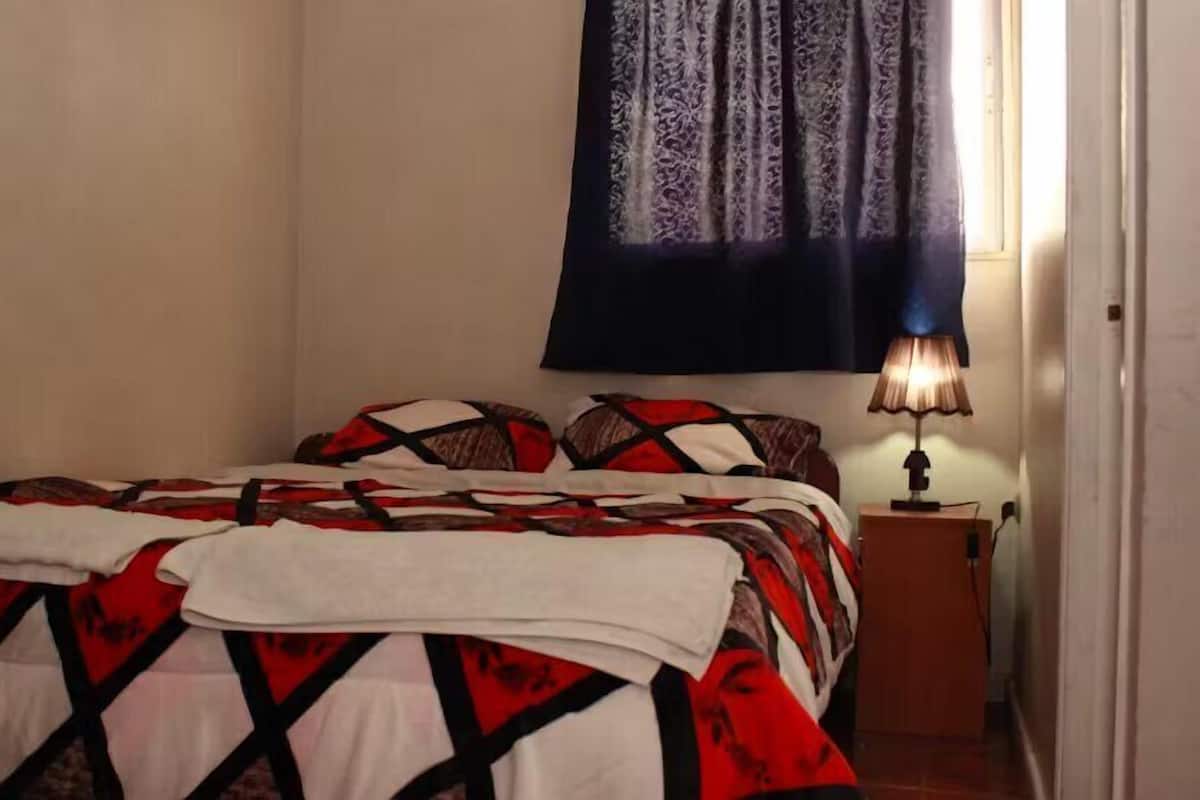 Quarto com cama coberta por um edredom estampado, mesa de cabeceira com luminária e janela com cortinas.