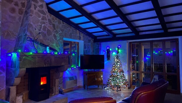 A cozy living room with a stone fireplace, a television, and a Christmas tree decorated with lights.