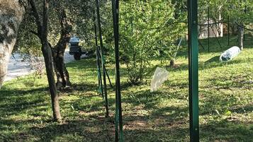 Ein Park mit grünen Metallpfosten, Bäumen und einer Rasenfläche.