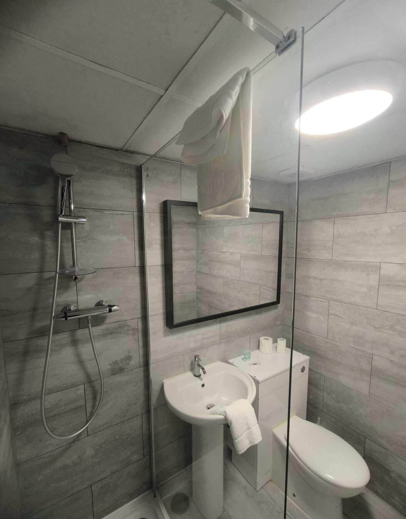 A bathroom with a shower, sink, toilet, and a mirror.