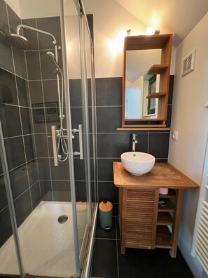 Hair dryer, towels, soap, toilet paper