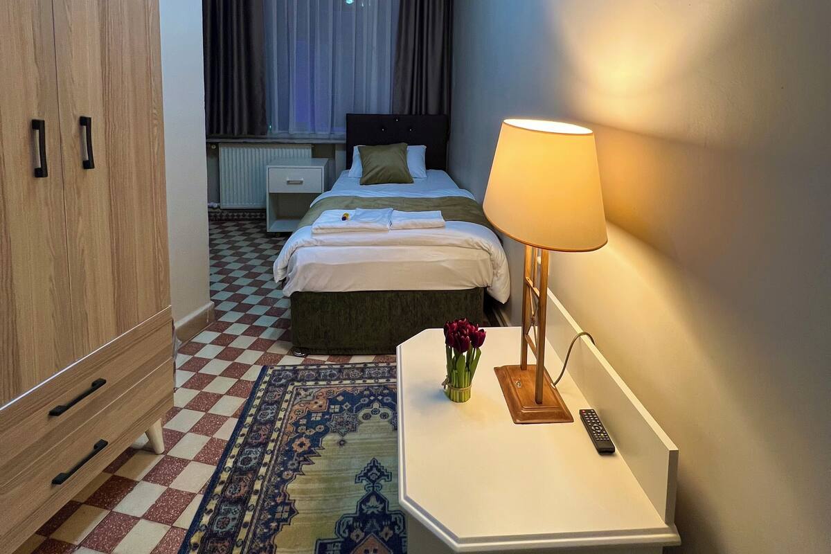 A hotel room with a bed, bedside table, lamp, and a checkered rug.
