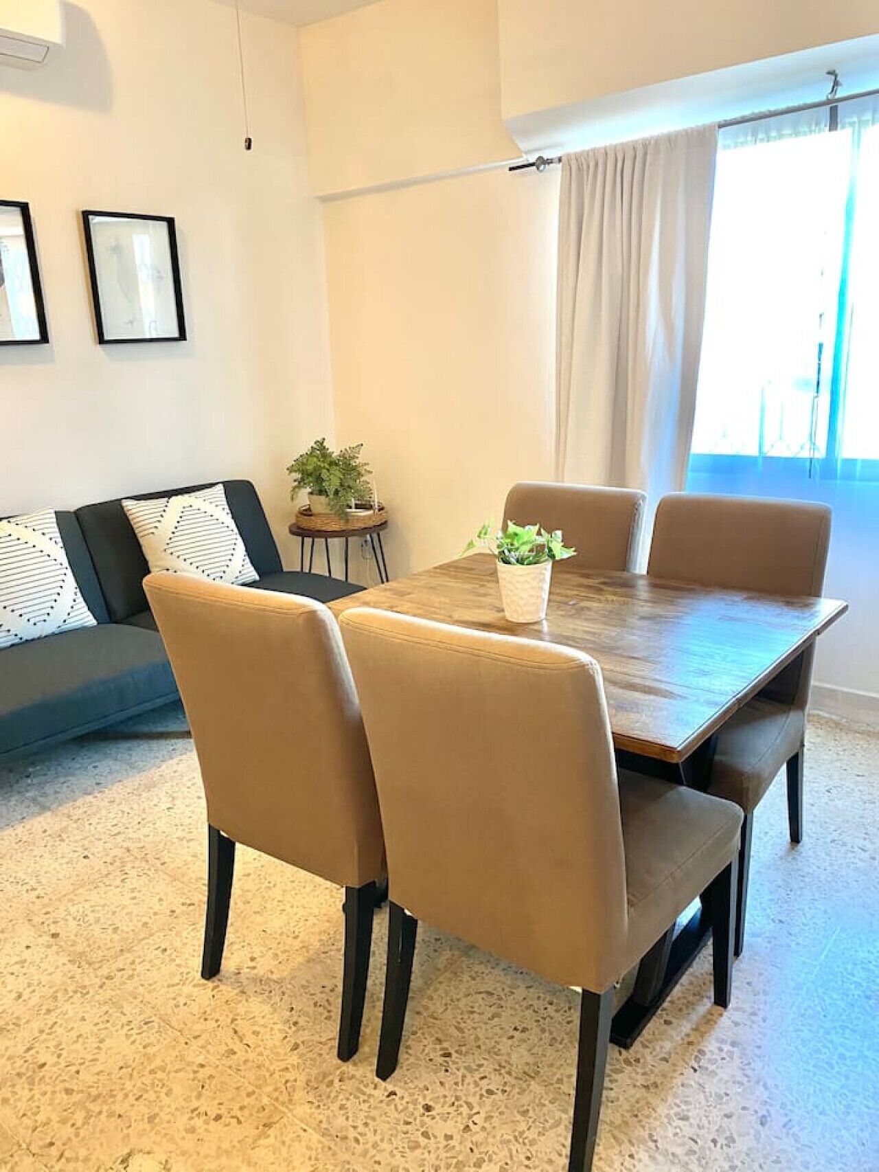 A modern living room with a wooden dining table, beige chairs, a grey sofa, and a small side table with a plant.