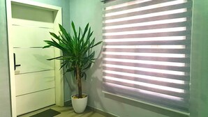 Un couloir avec une porte blanche, une plante en pot et une fenêtre avec des stores horizontaux.