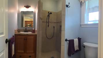 Hair dryer, towels, soap, toilet paper