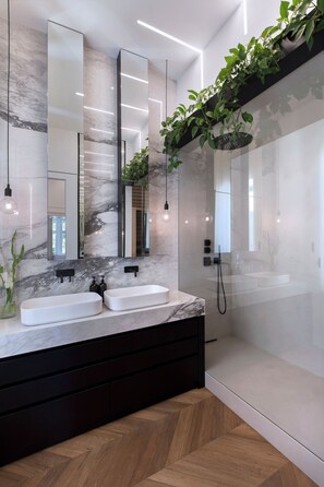 Hair dryer, towels, soap, shampoo