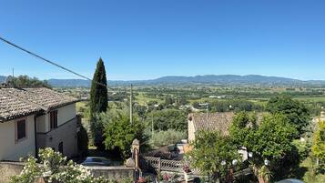 A residential area with a view of distant hills and a clear sky.
