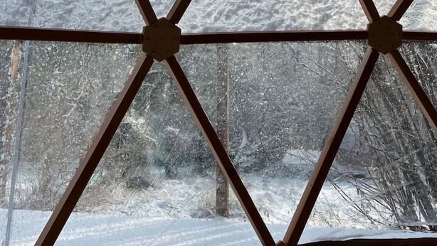 A window with a diamond pattern, through which a snowy landscape is visible.