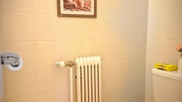 A bathroom with a white radiator, a toilet, and a framed picture on the wall.