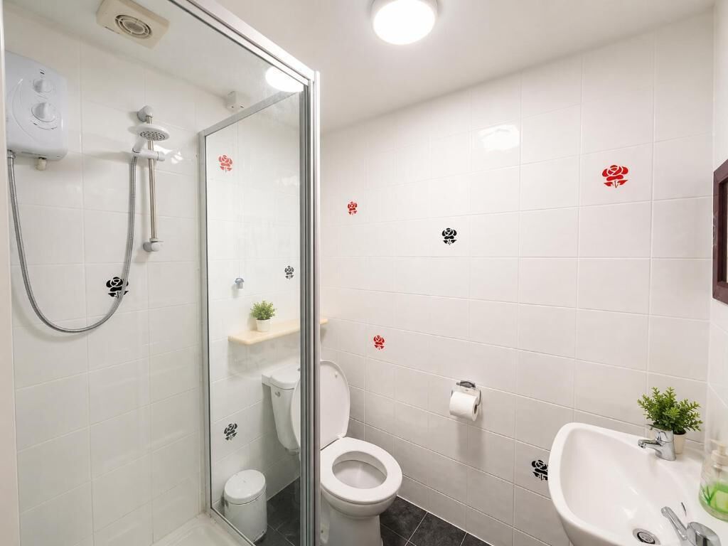 Ein Badezimmer mit einer Duschkabine, einer Toilette und einem Waschbecken mit einer kleinen Pflanze.