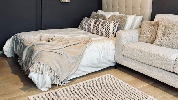 Un dormitorio con una cama, un sofá y una lámpara de pie.