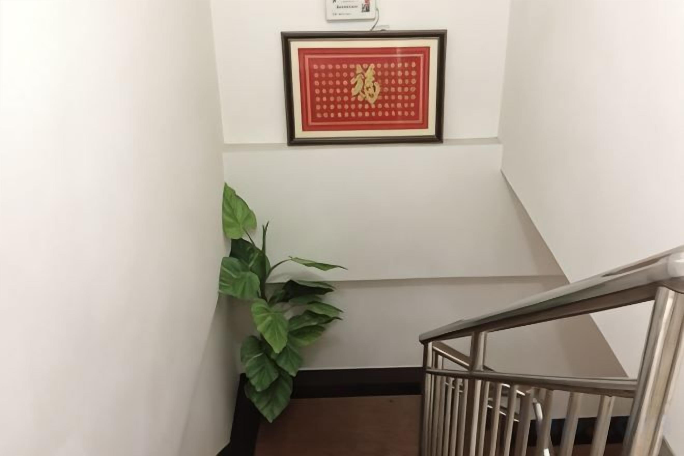 A staircase with a metal railing, a framed picture on the wall, and a green plant.