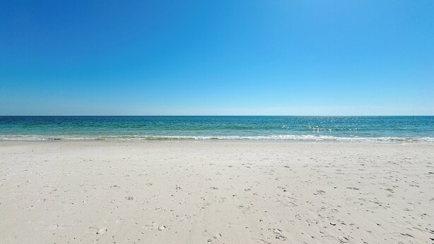 A beach with a clear sky and calm sea.