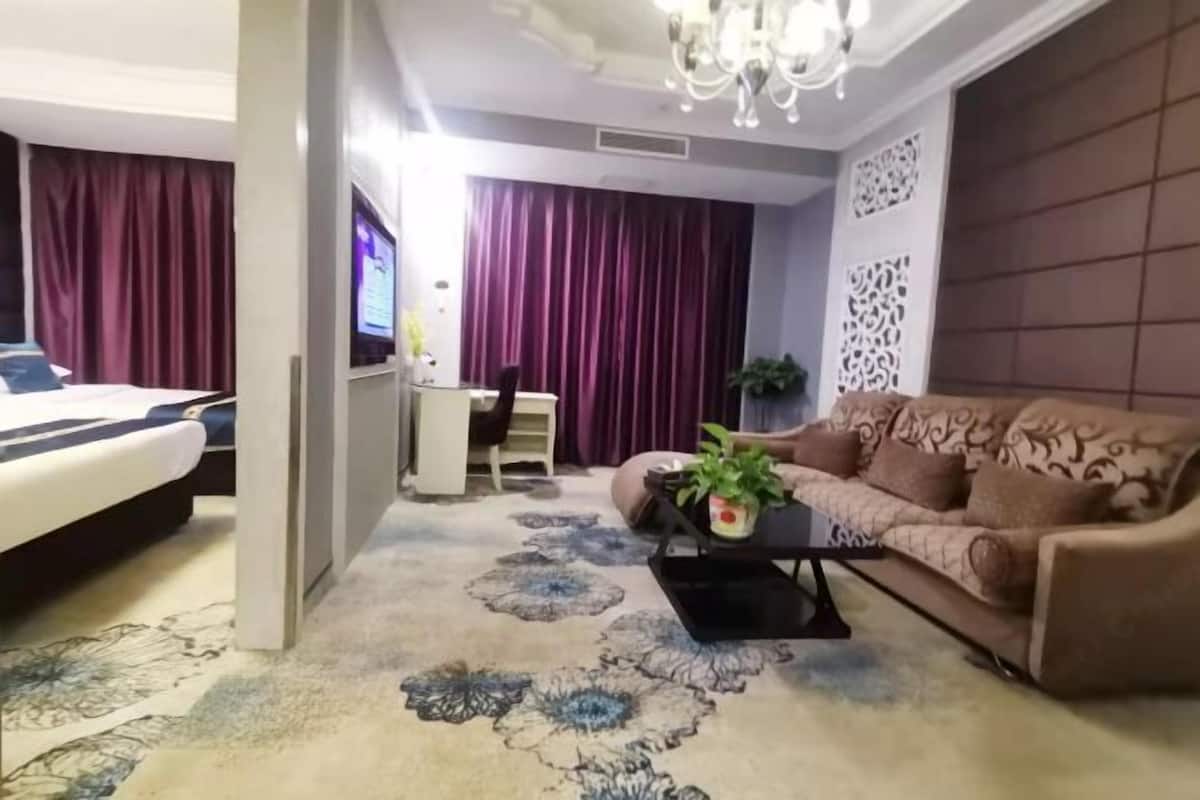 A hotel room with a bed, a sofa, a coffee table with a plant, a TV, and a decorative wall panel.