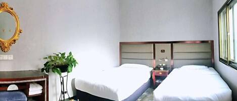 A hotel room with two beds, a desk with a chair, a mirror, a potted plant, and an air conditioning unit.