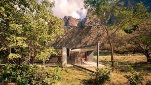 Una casa moderna con un muro de piedra y puertas de cristal, rodeada de árboles y un telón de fondo montañoso.