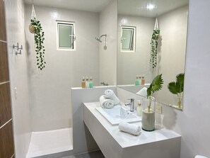 Douche, serviettes fournies, shampoing