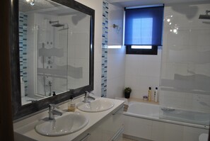 Hair dryer, bidet, towels, soap