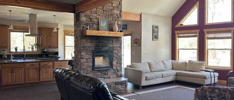 Smart TV, fireplace, books