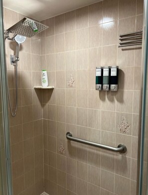 Hair dryer, towels, soap, shampoo