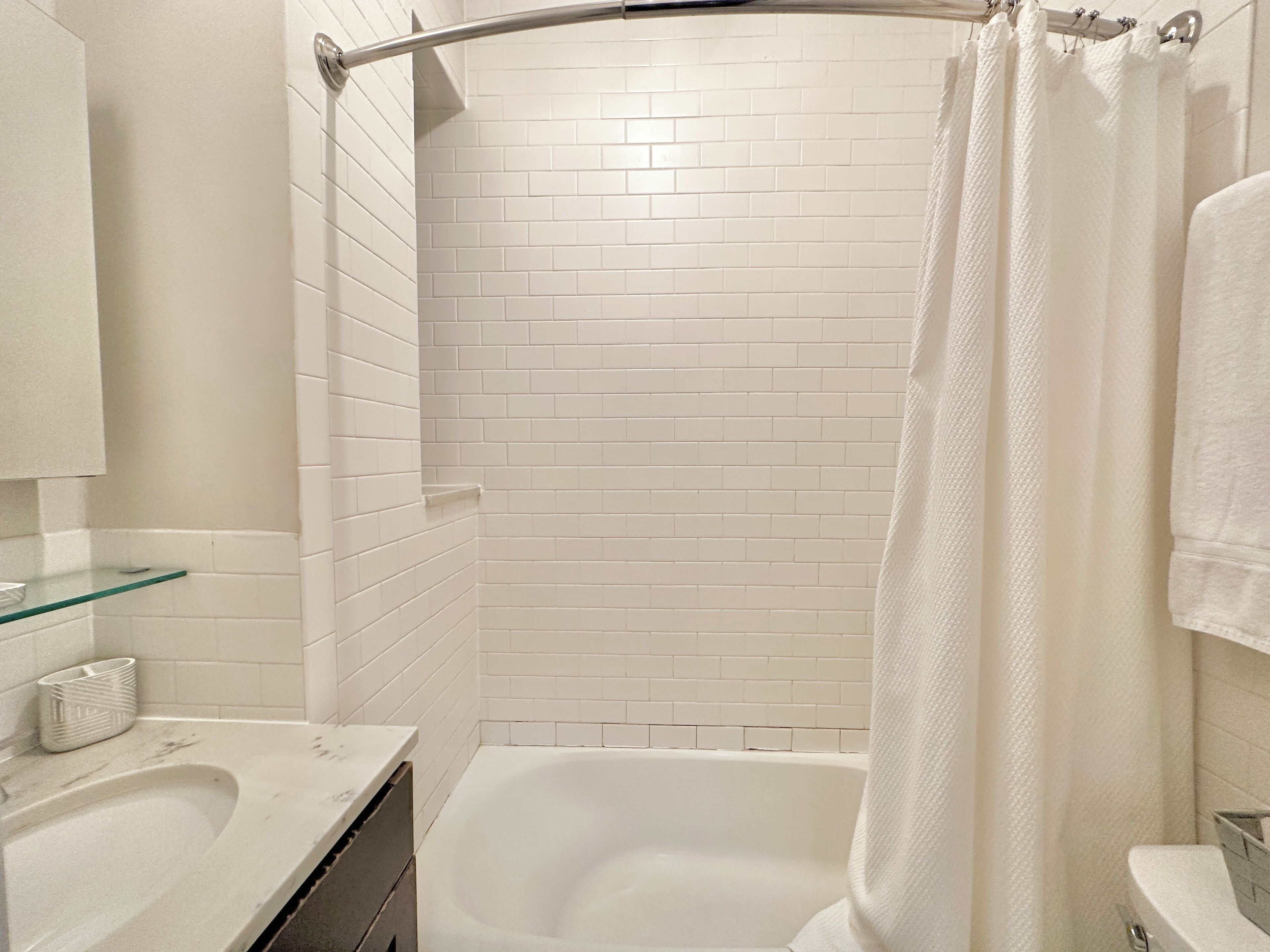 Hair dryer, towels, soap, shampoo