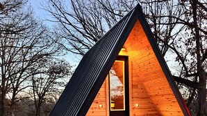 Eine dreieckige Holzhütte mit Glastür, umgeben von Bäumen und verschneitem Boden.