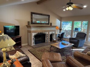 Smart TV, chimenea y libros