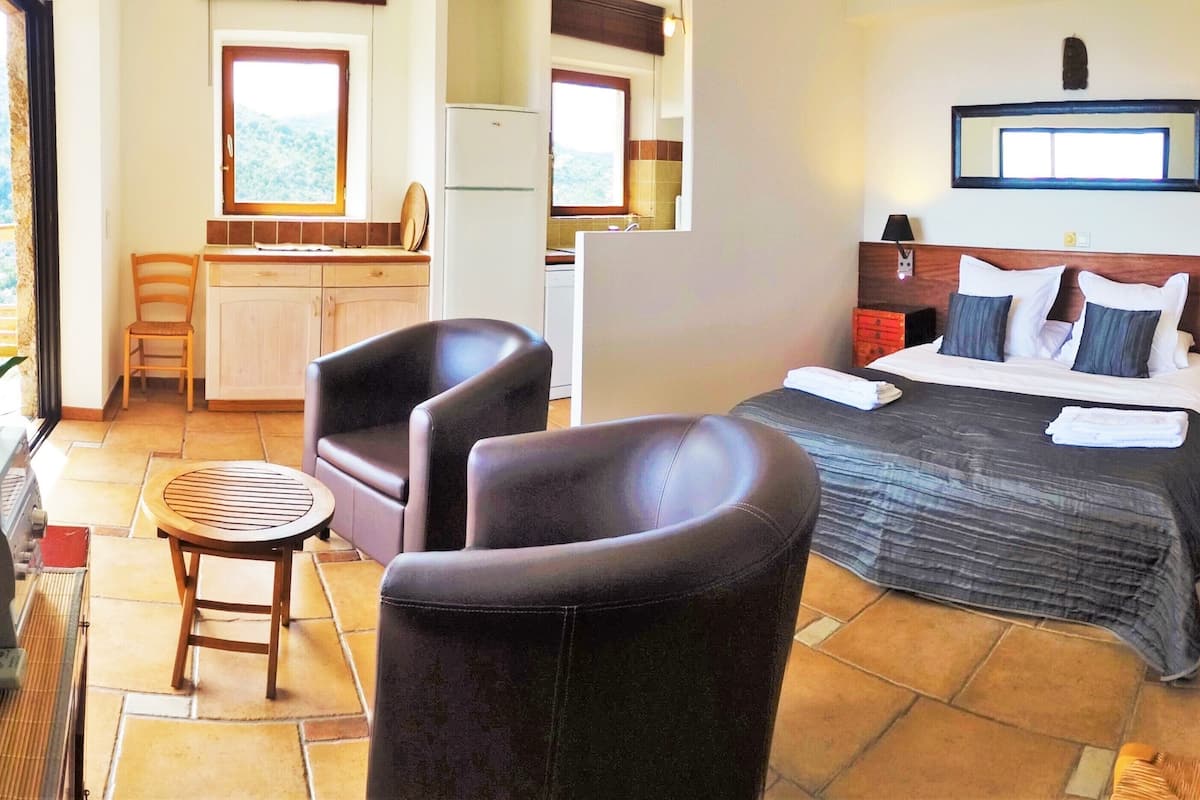 Un dormitorio con cama, dos sillas, una mesita, una zona de cocina y vistas al exterior.