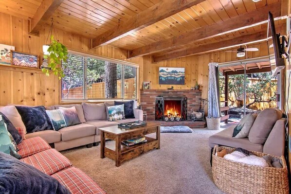 TV, fireplace, books, offices