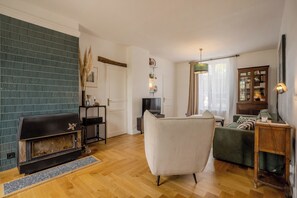 TV, fireplace, books