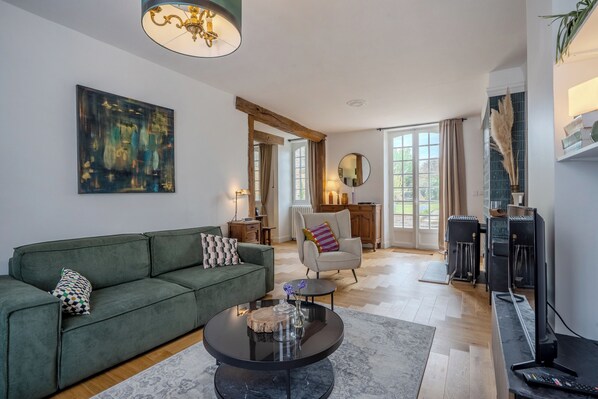 TV, fireplace, books