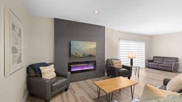 Télévision, cheminée, livres