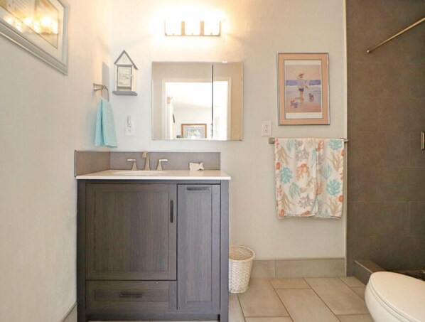 Hair dryer, towels, soap, shampoo